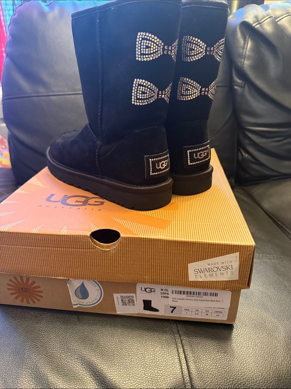 UGG Black Suede Mid-Calf Boots with Crystal Bow Details